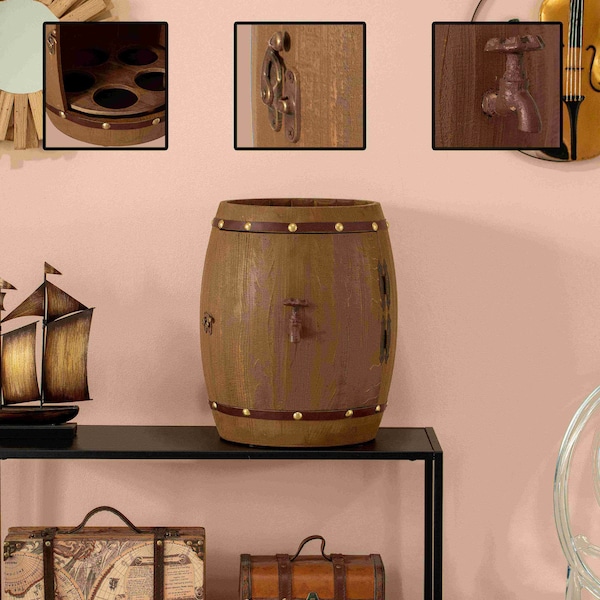 Vintiquewise Vintage Wooden Barrel Shaped Wine Holder with a rotating turntable - QI004652