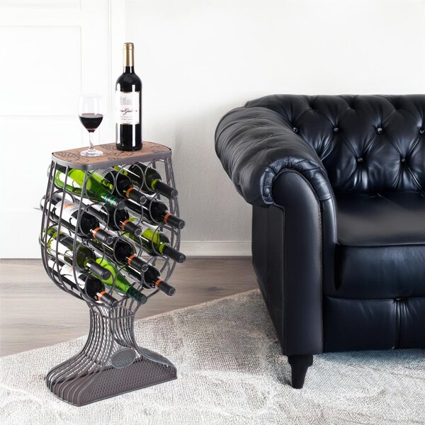 Vintiquewise Freestanding Floor Wine Rack with Wooden and Metal Goblet Design - Holds 12 Bottles - QI003568