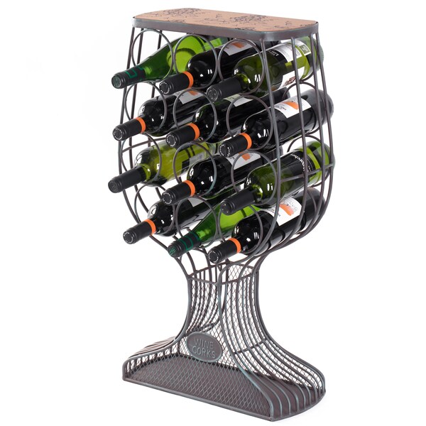 Vintiquewise Freestanding Floor Wine Rack with Wooden and Metal Goblet Design - Holds 12 Bottles - QI003568