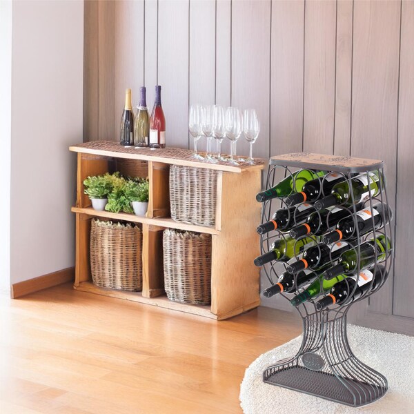 Vintiquewise Freestanding Floor Wine Rack with Wooden and Metal Goblet Design - Holds 12 Bottles - QI003568