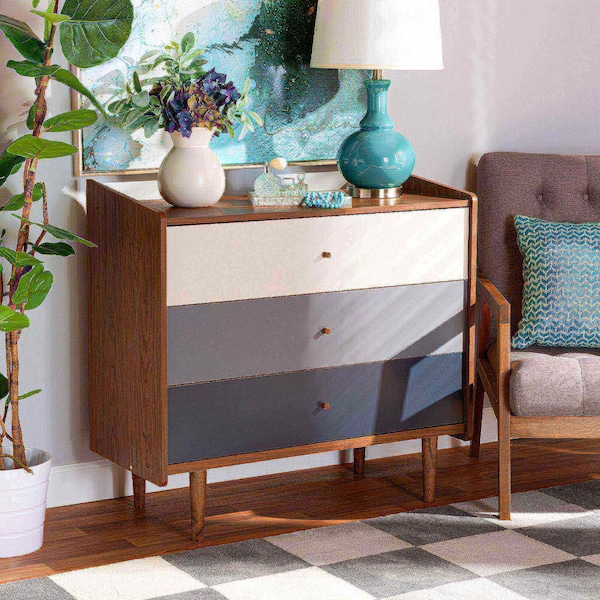 Baxton Studio Halden Mid-Century Modern Multicolor Walnut Brown and Grey Gradient Finished Wood 3-Drawer Chest - 178-11021-ZORO