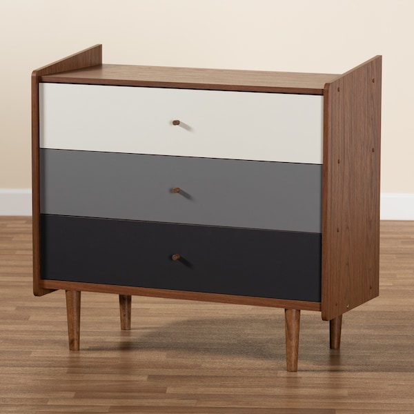 Baxton Studio Halden Mid-Century Modern Multicolor Walnut Brown and Grey Gradient Finished Wood 3-Drawer Chest - 178-11021-ZORO
