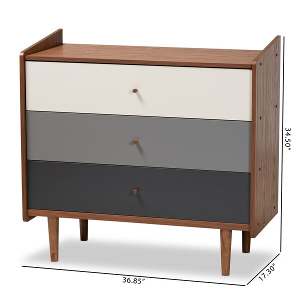 Baxton Studio Halden Mid-Century Modern Multicolor Walnut Brown and Grey Gradient Finished Wood 3-Drawer Chest - 178-11021-ZORO