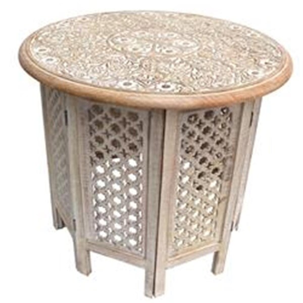 The Urban Port Mesh Cut Out Design Base Wooden Octagonal Table with Round Top, Antique White - UPT-209568