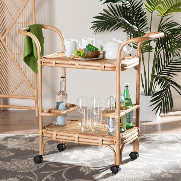Bali & Pari Hadia Modern Bohemian Natural Brown Rattan Wine Cart - 236-12722-ZORO