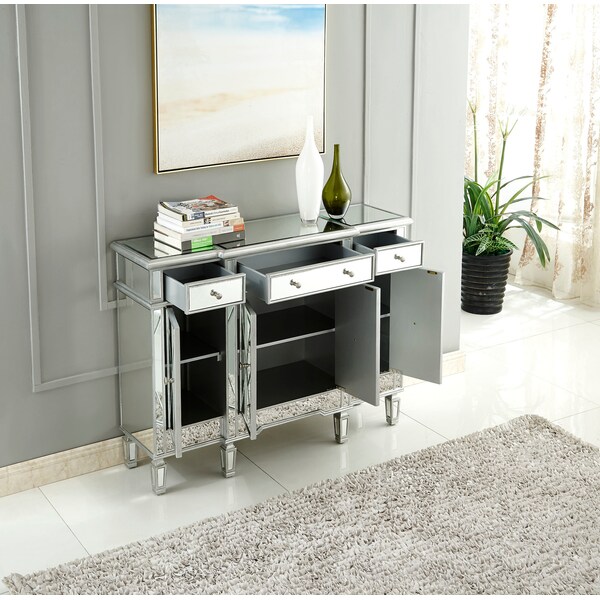 Elegant Decor 3 Drawer 4 Door Cabinet 48 .In. X 14 In. X 36 In. In Silver Clear - MF6-1111SC