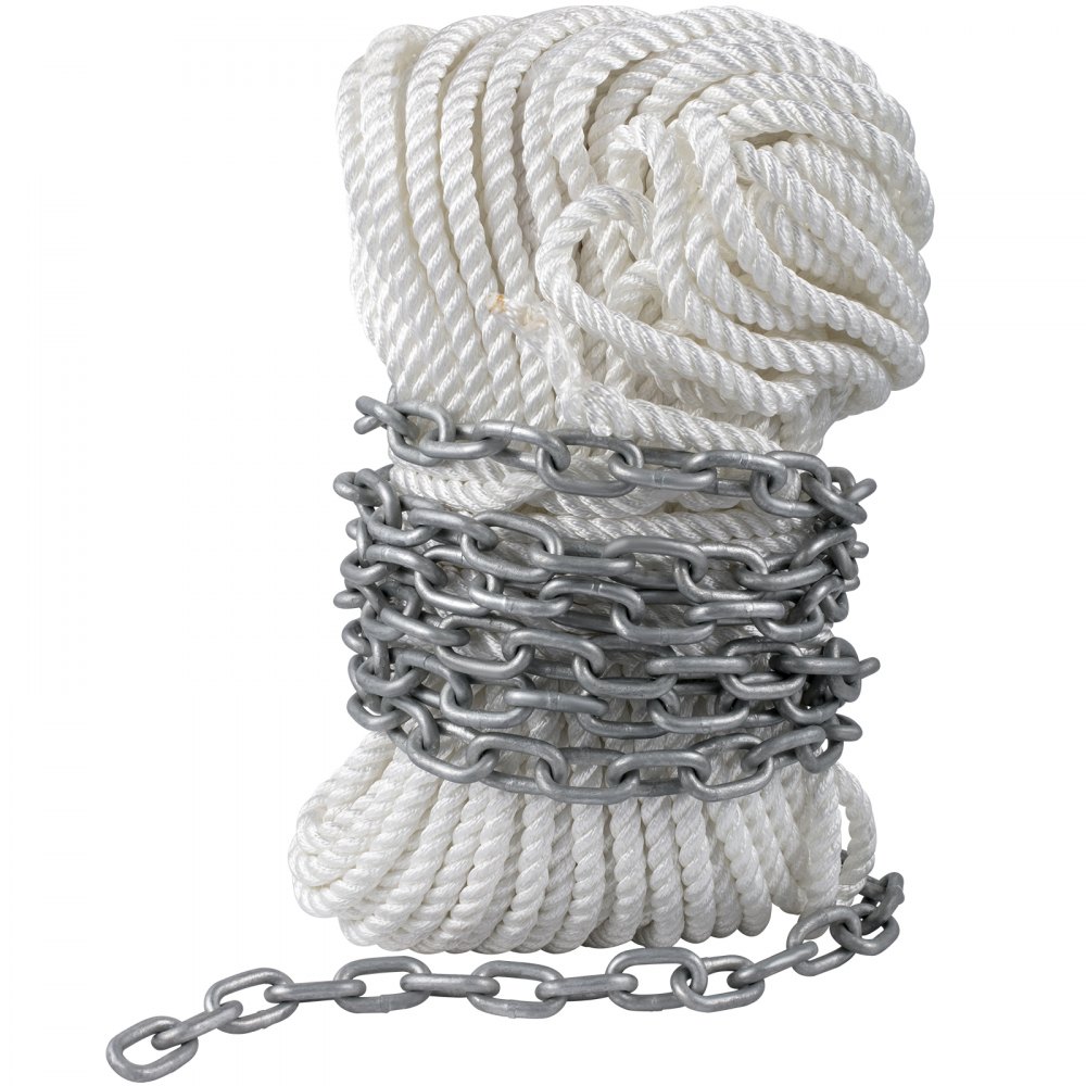 VEVOR Anchor Rode and Chain, 15' x 5/16" Boat Anchor Chain, 1/2" x 200' Nylon Rope, 2.2T Chain Tension Galvanized Steel Chain, Windlass-Grade Three Strand Twist Nylon, Anchor Chain for Boats, Ships - ML12X20015X144X23V0