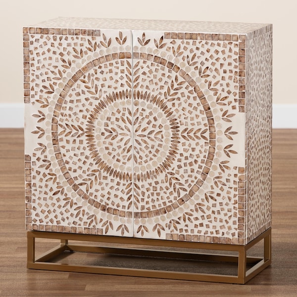 Baxton Studio Ercilia Modern Bohemian White and Rustic Brown Mother of Pearl Storage Cabinet - 240-13470-ZORO