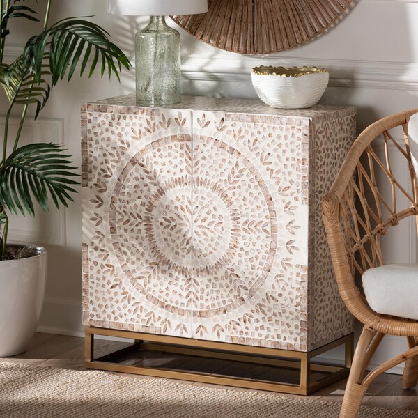 Baxton Studio Ercilia Modern Bohemian White and Rustic Brown Mother of Pearl Storage Cabinet - 240-13470-ZORO
