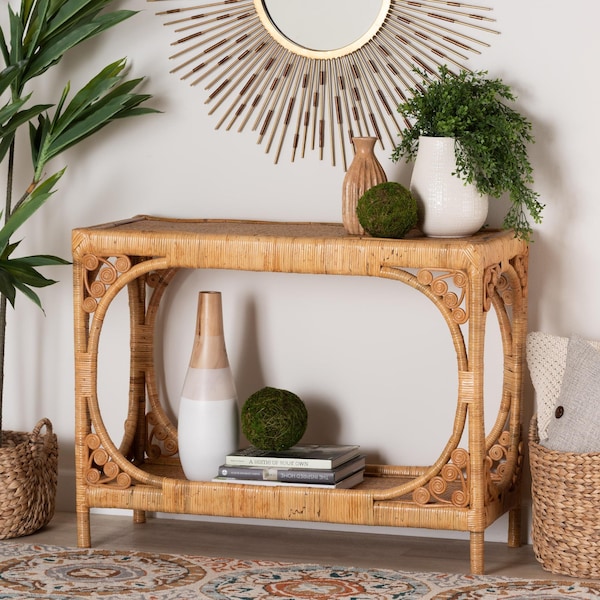 Bali & Pari Ramona Modern Bohemian Light Honey Rattan Console Table - 238-13395-ZORO