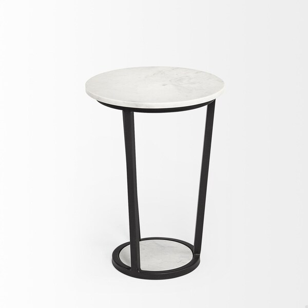 Homeroots 15 in. Round Marble Top Accent Table with Metal Frame, White & Black - 380683