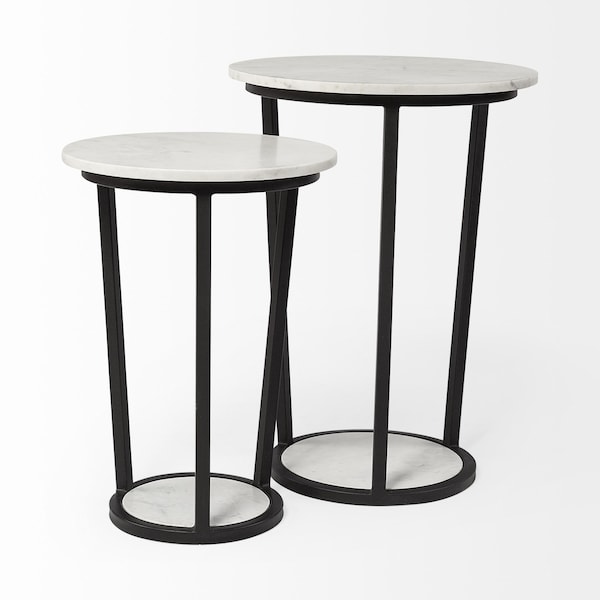 Homeroots 15 in. Round Marble Top Accent Table with Metal Frame, White & Black - 380683