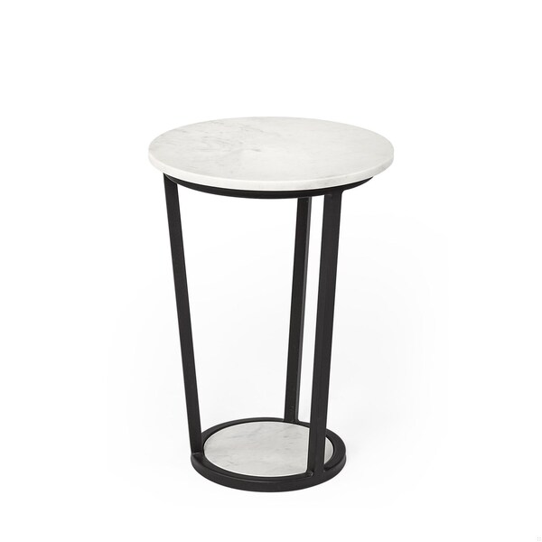 Homeroots 15 in. Round Marble Top Accent Table with Metal Frame, White & Black - 380683