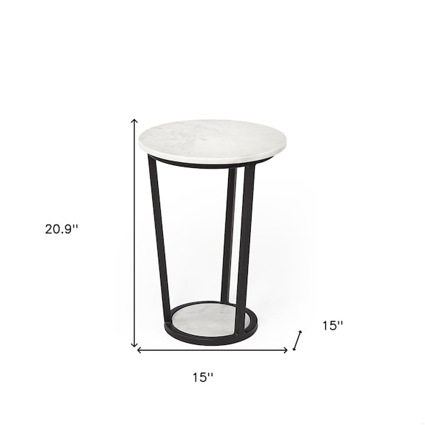 Homeroots 15 in. Round Marble Top Accent Table with Metal Frame, White & Black - 380683
