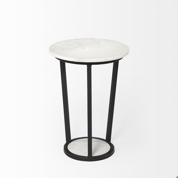 Homeroots 15 in. Round Marble Top Accent Table with Metal Frame, White & Black - 380683