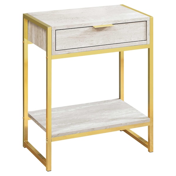 Homeroots 24 in. Beige Marble Particle BoardMDF & Gold Metal Accent Table - 333229