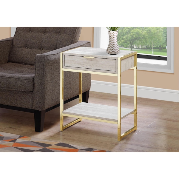 Homeroots 24 in. Beige Marble Particle BoardMDF & Gold Metal Accent Table - 333229