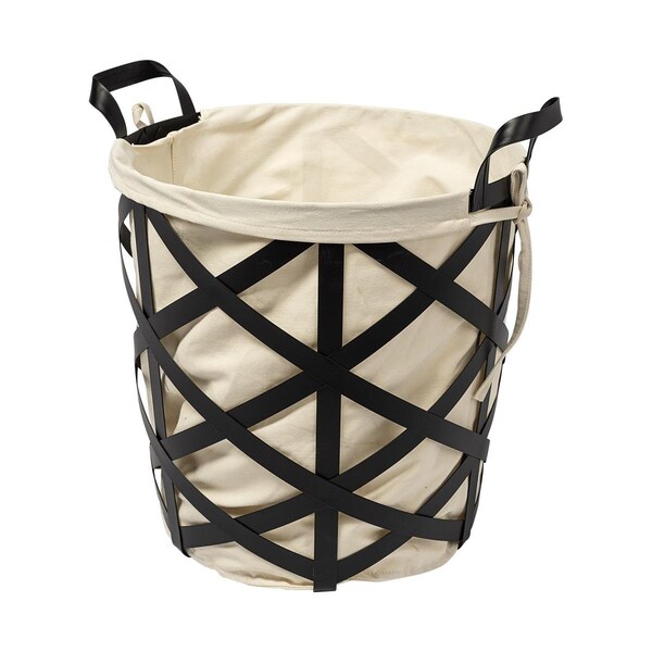 Homeroots 17.32 x 14.56 x 18.11 in. Black Woven Metal Basket with Cream Fabric Liner - 392148