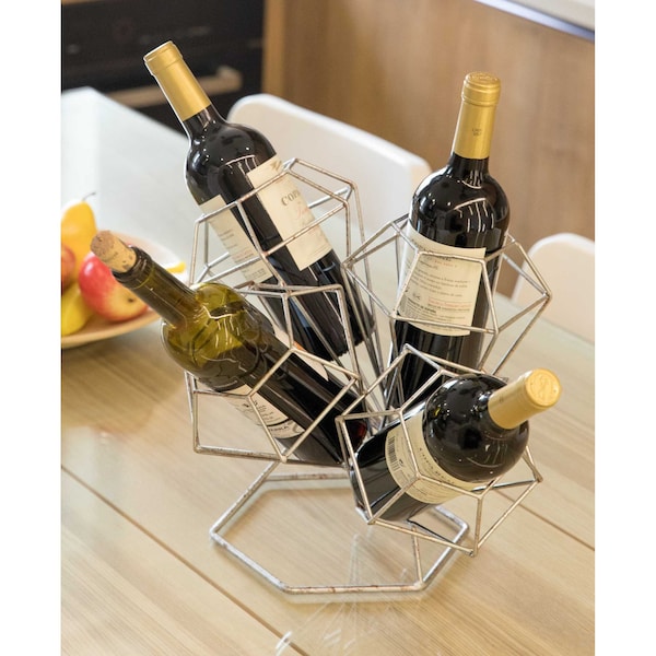 Vintiquewise Vintage Decorative Metal Diamond Shaped Tabletop Countertop Wine 4 Bottle Holder - QI003564