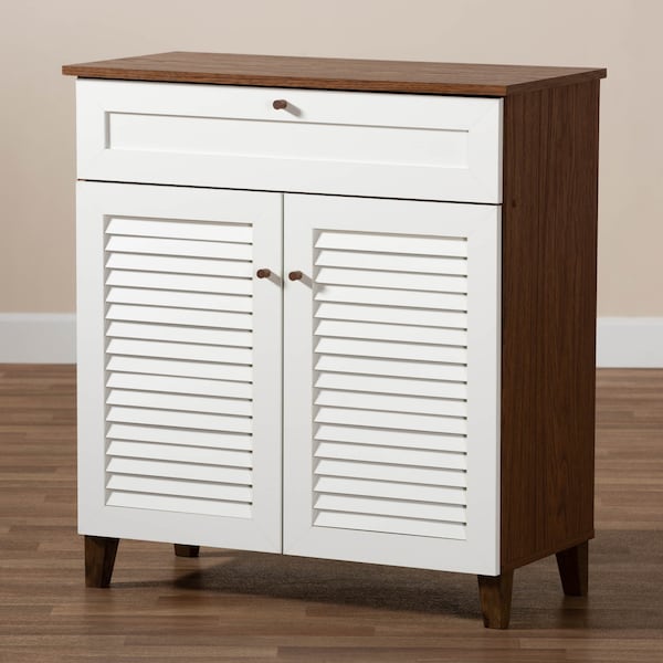 Baxton Studio Coolidge White and Walnut Wood 4-Shelf Shoe Cabinet with Drawer - 163-10393