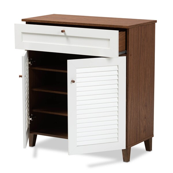 Baxton Studio Coolidge White and Walnut Wood 4-Shelf Shoe Cabinet with Drawer - 163-10393
