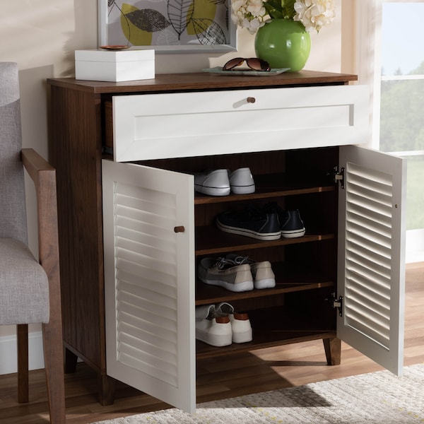 Baxton Studio Coolidge White and Walnut Wood 4-Shelf Shoe Cabinet with Drawer - 163-10393