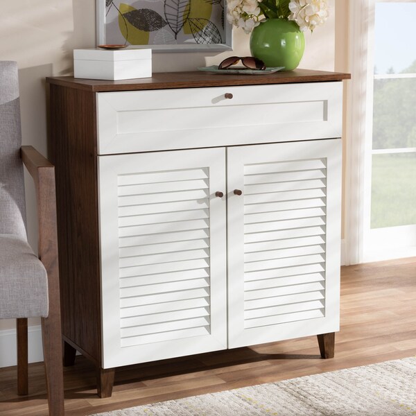 Baxton Studio Coolidge White and Walnut Wood 4-Shelf Shoe Cabinet with Drawer - 163-10393