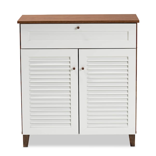 Baxton Studio Coolidge White and Walnut Wood 4-Shelf Shoe Cabinet with Drawer - 163-10393