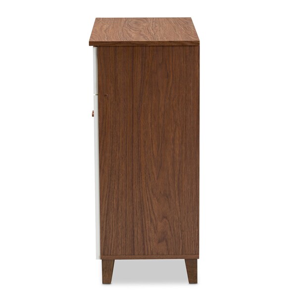 Baxton Studio Coolidge White and Walnut Wood 4-Shelf Shoe Cabinet with Drawer - 163-10393