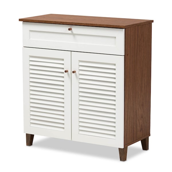 Baxton Studio Coolidge White and Walnut Wood 4-Shelf Shoe Cabinet with Drawer - 163-10393