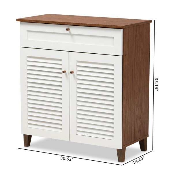 Baxton Studio Coolidge White and Walnut Wood 4-Shelf Shoe Cabinet with Drawer - 163-10393