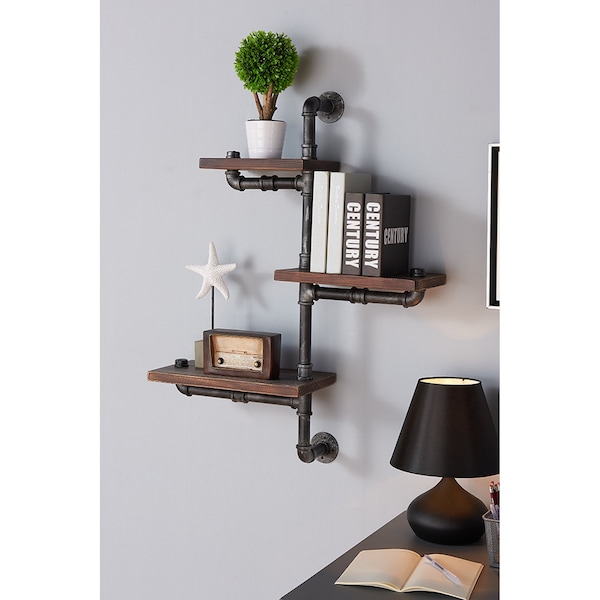 Armen Living 30" Orton Industrial Pine Wood Floating Wall Shelf in Gray and Walnut Finish - LCORSH30
