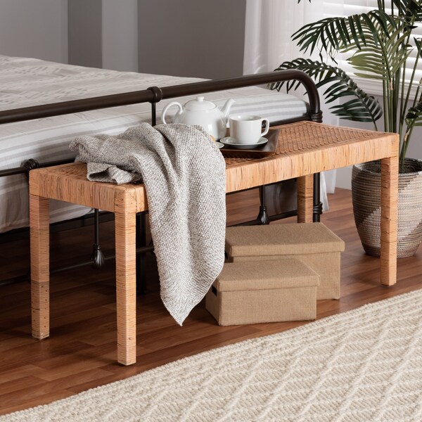Baxton Studio Abelia Modern Bohemian Natural Rattan and Mahogany Wood Long Accent Bench - 229-13148-ZORO
