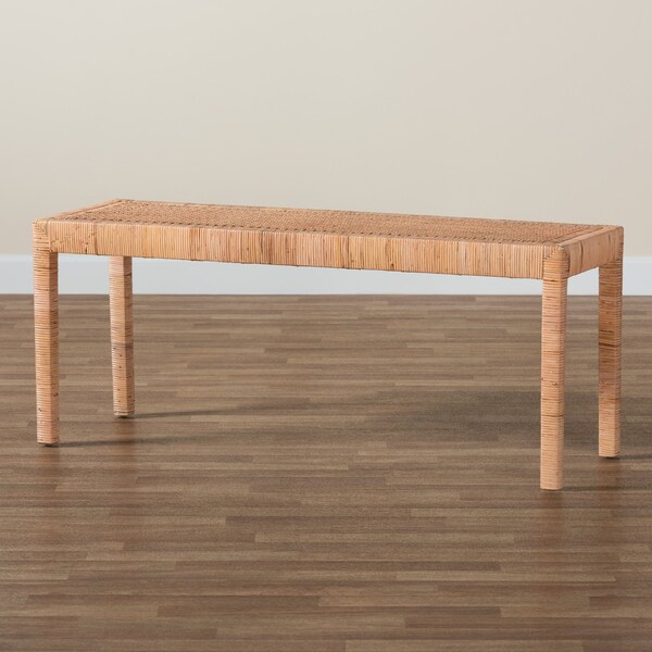 Baxton Studio Abelia Modern Bohemian Natural Rattan and Mahogany Wood Long Accent Bench - 229-13148-ZORO