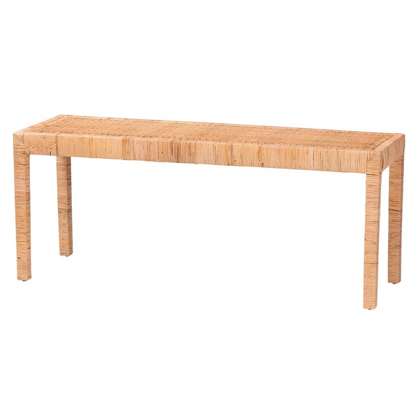 Baxton Studio Abelia Modern Bohemian Natural Rattan and Mahogany Wood Long Accent Bench - 229-13148-ZORO