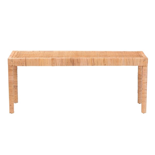 Baxton Studio Abelia Modern Bohemian Natural Rattan and Mahogany Wood Long Accent Bench - 229-13148-ZORO