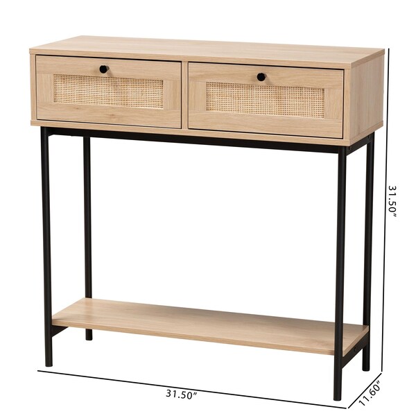 Baxton Studio Sherwin Mid-Century Modern Light Brown  and Black 2-Drawer Console Table with Woven Rattan Accent - 233-13221-ZORO
