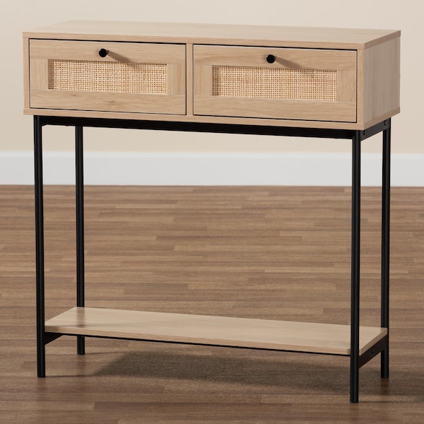Baxton Studio Sherwin Mid-Century Modern Light Brown  and Black 2-Drawer Console Table with Woven Rattan Accent - 233-13221-ZORO