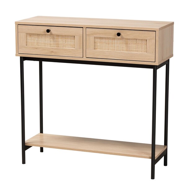 Baxton Studio Sherwin Mid-Century Modern Light Brown  and Black 2-Drawer Console Table with Woven Rattan Accent - 233-13221-ZORO