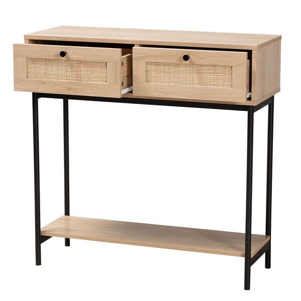 Baxton Studio Sherwin Mid-Century Modern Light Brown  and Black 2-Drawer Console Table with Woven Rattan Accent - 233-13221-ZORO