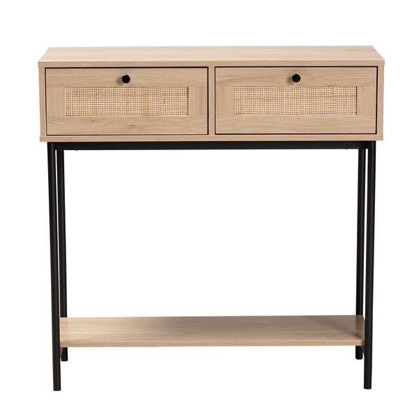 Baxton Studio Sherwin Mid-Century Modern Light Brown  and Black 2-Drawer Console Table with Woven Rattan Accent - 233-13221-ZORO