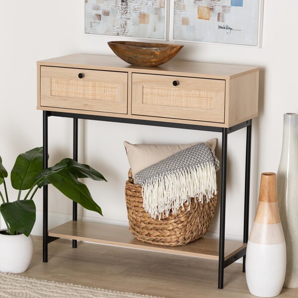 Baxton Studio Sherwin Mid-Century Modern Light Brown  and Black 2-Drawer Console Table with Woven Rattan Accent - 233-13221-ZORO