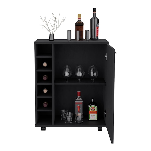Tuhome Lafayette Bar Cabinet with 4-Bottle Rack. Upper Glass Holder and Dual Door Design-Black - MLW9073
