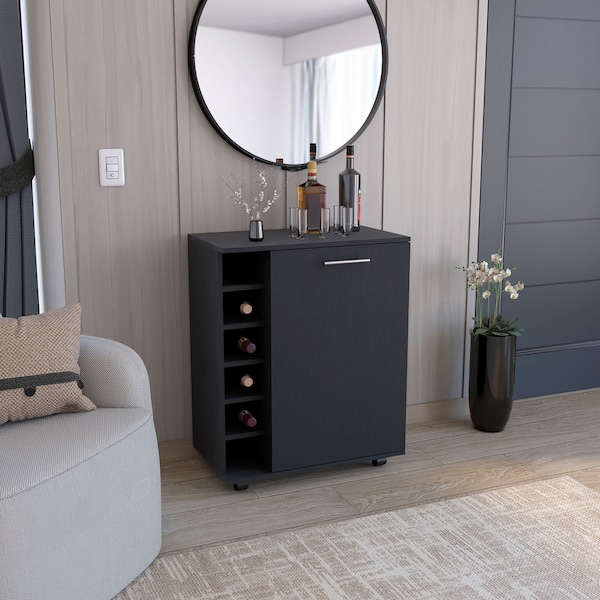 Tuhome Lafayette Bar Cabinet with 4-Bottle Rack. Upper Glass Holder and Dual Door Design-Black - MLW9073