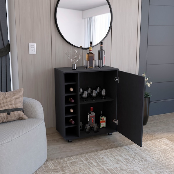 Tuhome Lafayette Bar Cabinet with 4-Bottle Rack. Upper Glass Holder and Dual Door Design-Black - MLW9073