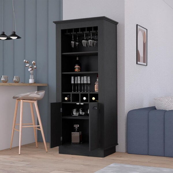 Tuhome Lafayette Bar Cabinet with 4-Bottle Rack. Upper Glass Holder and Dual Door Design-Black - MLW9073