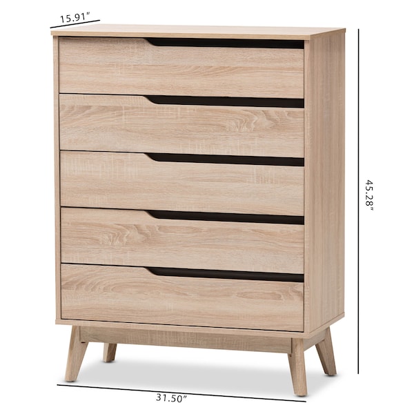 Baxton Studio Fella Mid-Century Modern Two-Tone Oak and Grey Wood 5-Drawer Chest - 138-7703