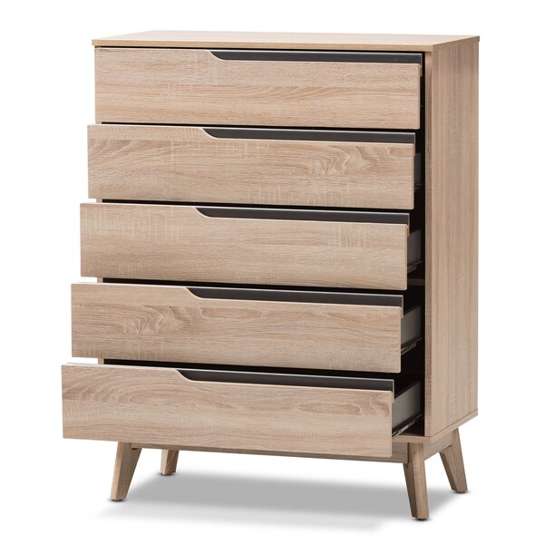 Baxton Studio Fella Mid-Century Modern Two-Tone Oak and Grey Wood 5-Drawer Chest - 138-7703
