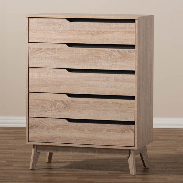 Baxton Studio Fella Mid-Century Modern Two-Tone Oak and Grey Wood 5-Drawer Chest - 138-7703