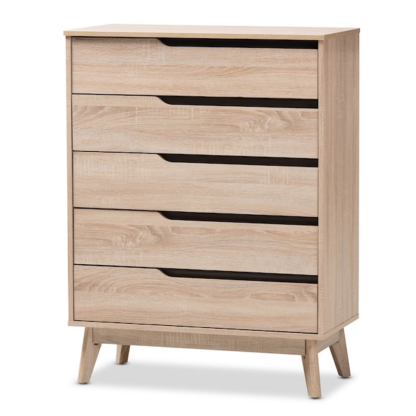 Baxton Studio Fella Mid-Century Modern Two-Tone Oak and Grey Wood 5-Drawer Chest - 138-7703